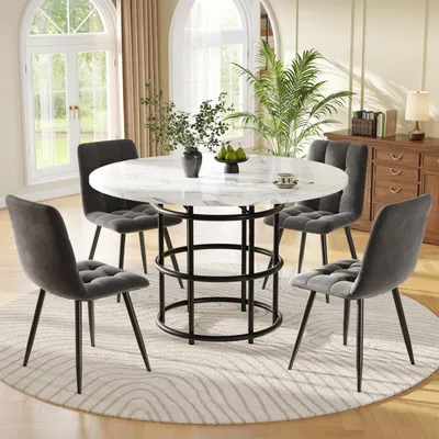 Immagine prodotto di Tavolo rotondo da pranzo con 4 sedie in velluto, dimensioni 100x100x76 cm, colore grigio/nero