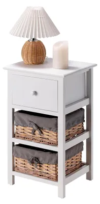 Produktbild von Nachttisch PORTEL in Weiß, Nachtkommode mit 1 Schublade und 2 Körben für Stauraum, Beistelltisch im Landhausstil aus Paulownia-Holz
