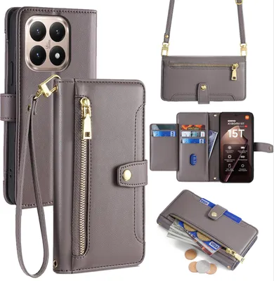 A collage of images showing a gray faux leather phone case with multiple compartments and a crossbody strap.