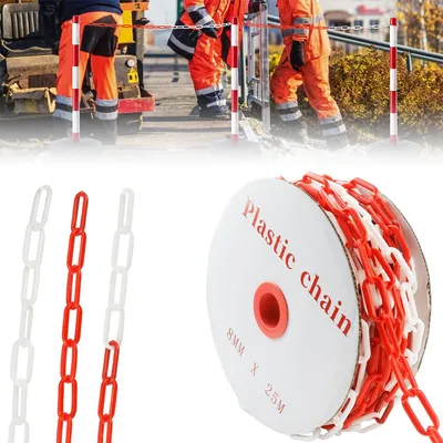 Produktbild von Absperrkette aus Kunststoff 25m, 8mm Stärke mit 4 Karabinern, Warnkette in Rot-Weiß für Baustelle, Parkplatz, Warteschlangen, Absperrbänder