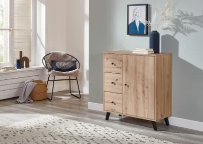 Produktbild von Kommode Sideboard Schubladenschrank mit 3 Schubladen 1 Tür Holz Optik Artisan