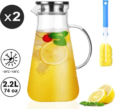 Produktbild von 2 x 2,2L Liter Glas Karaffe Krug mit Deckel , Wasserkaraffe, Eistee Krug, Saft Krug, für hausgemachte Getränke/Eistee/Milch/Kaffee/Wein