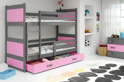 Immagine prodotto di Letto a castello per bambini con contenitore con materasso 80x160 FERGUS - grafite / rosa