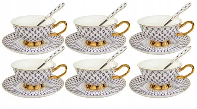 Produktbild von Porzellan Tassen Set 18 tlg Blau Gold mit Untertassen und Löffeln 220 ml Kaffee Teetassen Elegant Geschenkbox