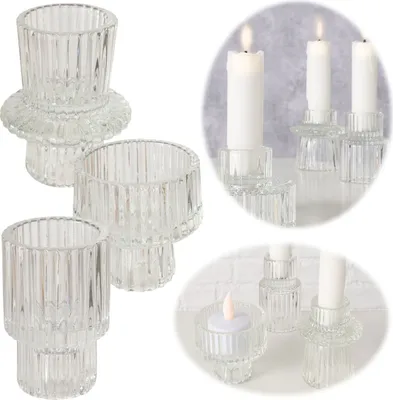Produktbild von LS-LebenStil Glas Kerzenständer 3er Set 7cm Klarglas Klar durchsichtig Kerzenhalter Teelichthalter Stabkerzen Teelichter Kerzenleuchter Teelichtglas