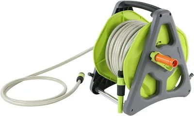 Imagen del producto de Silecomplaza: Carrete para manguera con manguera incluida, para montaje en pared, 30 metros, color verde/gris