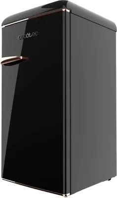 A black refrigerator with gold accents.