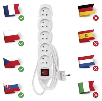 Prodlužovací kabel 2 m / 5 zásuvek / s vypínačem / bílý / PVC / 1 mm2