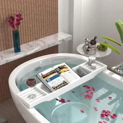 Produktbild von Decopatent® Bambus-Badewannenablage für den Einsatz über der Badewanne- 70 cm lang - Badetablett - Badebrett - Badewannenbrücke - Holz - Badetisch - Farbe: Weiß
