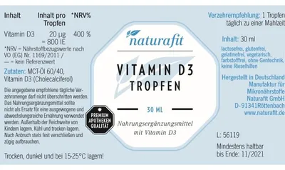 Zdjęcie produktu dla naturafit Witamina D3 krople 800 IU, roztwór 30 ml