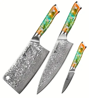 Immagine prodotto di Coltello da cucina - Coltello da chef - Coltello multiuso - Coltello spelucchino - Coltello Santoku - Acciaio Damasco VG10 - Manico in resina arancione