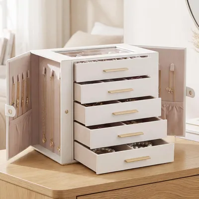 Produktbild von SONGMICS Großer Schmuckkasten mit 5 Ebenen und Glasdeckel für Ketten 26,1 x 15,6 x 22,2 cm Weiß und Beige