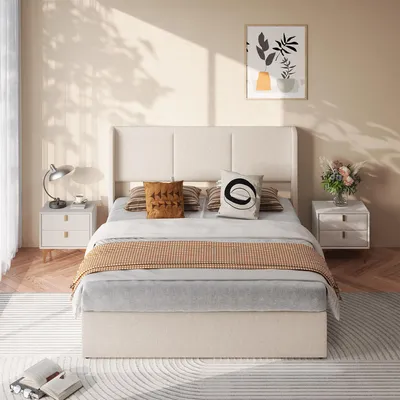 Image de INONEFT, lit capitonné avec sommier à lattes, type boxspring, 140x190 cm, lit avec espace de rangement hydraulique, lit double, lit pour adolescents, structure de lit, tissu en lin, couleur beige