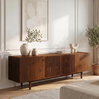 Produktbild von Lowboard LINN, 180 cm aus Massivholz, Kastanie Finish - TV Lowboard mit Lamellentüren, TV Schrank aus Kiefernholz, Sideboard für Wohnzimmer und Flur, niedrige Kommode mit Stauraum.