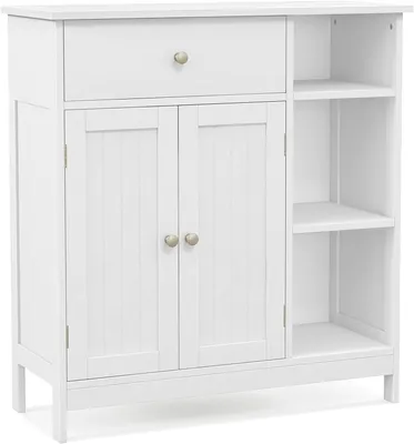 Produktbild von GOPLUS Badzimmerschrank mit Schublade, Badschrank mit 3 Ablagen & Tür, Badkommode Aufbewahrungsschrank für Badzimmer & Wohnzimmer, 75 x 30 x 80 cm, Weiß
