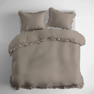 Produktbild von Baumwoll-Bettwäsche-Set mit Rüschen 160x200 3-teilig Taupe Dunkelbeige