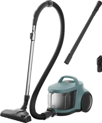 A teal bagless vacuum cleaner with its accessories, including a hose, wand, and floor head, displayed against a white background.