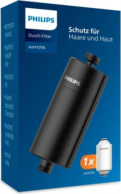 A product box for a Philips water shower filter, showing the filter itself and a smaller image of a replacement cartridge.