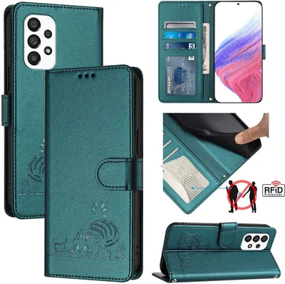 Produktbild von Leder Hülle für Samsung Galaxy A33 Süße Katze Flip Case Brieftasche Schutzhülle mit Standfunktion Grün