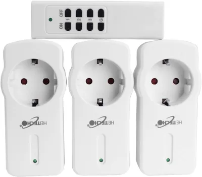 Immagine prodotto di Set di prese radiocomandate Heitech in 3 parti con telecomando, presa radiocomandata per uso interno, IP20 con codifica ad autoapprendimento, portata fino a 30 m