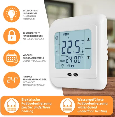 Produktbild von Thermostat digital Touchscreen Raumthermostat Heizungssteuerung Fußbodenheizung H3