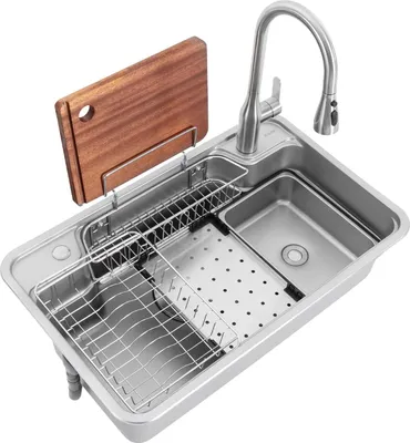 Produktbild von Küchenspüle aus Edelstahl - Rechteckiges Einzelbecken - 74×44 cm - 3 Wasserstrahlarten - 360° schwenkbarer Wasserhahn - Auf-/Unterbau/flächenbündig - Silber