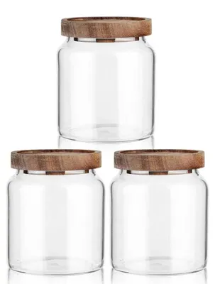 Productafbeelding van Omgoods - Glazen Opbergpotten met Houten Deksel - 3x600ml