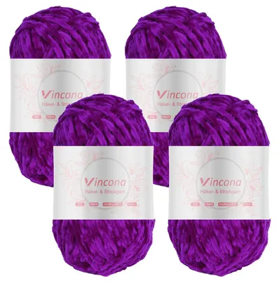 Productafbeelding van Chenille wol voor haken en breien, 4 bollen van 100 gram, felroze kleur, 100% polyester, naalddikte 5-6