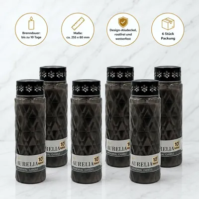 Produktbild von 6er Packung Aurelia – 10 Tage Design Grabkerze SCHWARZ