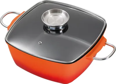 Produktbild von 28x28cm KING® Bräter Aluguss hoch / mit Glasdeckel und Aromaknopf / Farbe: rot-orange / Keramikbeschichtung Innen: GREBLON STONEHENGE®