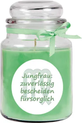 Produktbild von HS Candle "Sternzeichen" Duftkerze Kokos im Bonbonglas ( Jungfrau ) - viele Motive zur Auswahl, 500g - Brenndauer bis zu 110 Std - Virgo