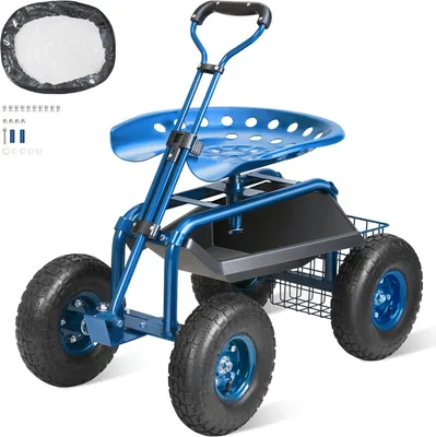 Produktbild von Rollsitz Werkstattwagen aus Stahl bis 136kg belastbar Gartenwagen mit 25cm Griff und 45-54cm höhenverstellbarem Sitz Rollwagen 30PSI Reifendruck Arbeitssitz Gartensitz blau