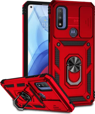 Image de Étui pour Motorola G Pure étui double couche avec couvercle coulissant pour l'appareil photo et anneau de support rouge