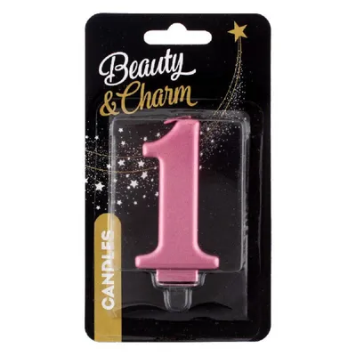 Image de Bougie gâteau chiffre 1 métallique, rose 8 cm