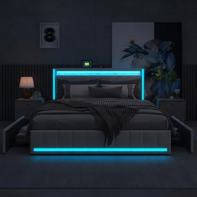 Image de UnboxG : Lit coffre 160x200 cm, lit double avec 4 tiroirs, éclairage LED et port USB, lit de rangement avec sommier à lattes, couleur beige, tissu lin