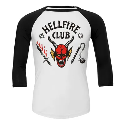 A white raglan t-shirt with black sleeves featuring a graphic print on the front.