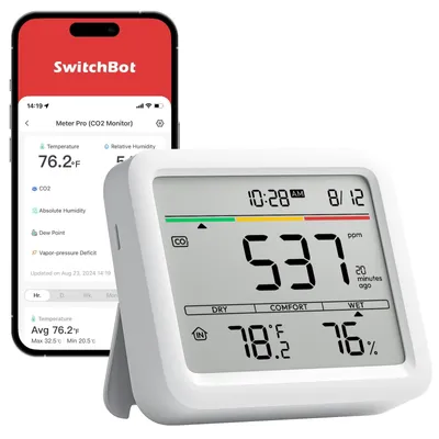 Obrázek produktu pro Detektor CO2 - Měřič kvality vzduchu - 400-9999 ppm - Sledování teploty a vlhkosti - 9,1 x 7,9 x 2,3 cm - Pro domácnost s aplikací