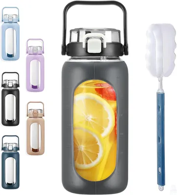 Image de Bouteille en verre borosilicaté de 2 litres, avec paille et indicateurs de temps, idéale pour le sport