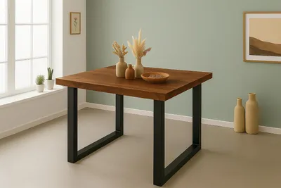 Produktbild von Refurbished Möbelretoure Esstisch 80x80cm Akazienholz nussbaumfarben gerade Kante U-Gestell schwarz RIO
