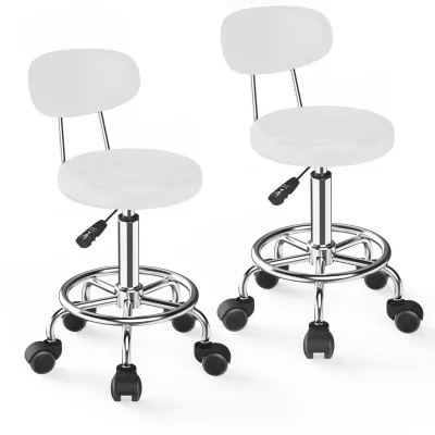 Produktbild von 2er set Drehhocker Friseurhocker mit Rückenlehne, Rollhocker, 360° drehbar, höhenverstellbar weiß