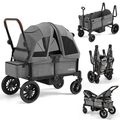 Produktbild von Zweisitziger Kinderwagen 10255GRBC, zusammenklappbar, verstellbarer Schiebegriff, abnehmbares Verdeck, grau