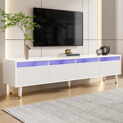 Image de Sweiko Meuble TV blanc moderne 178 cm - Design minimaliste, grand rangement, 4 tiroirs, MDF & acrylique, idéal pour le salon - stable, élégant & polyvalent