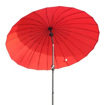 A red patio umbrella is shown against a white background.
