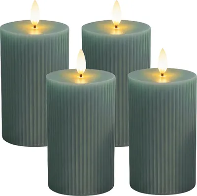 Obrázek produktu pro LED svíčky Relaxdays, sada 4 ks, V x H: 13 x 7,5 cm, blikající plamen, pravý vosk, rýhované, blokové svíčky bez plamene, khaki