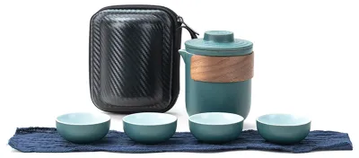 Immagine prodotto di Set da tè da viaggio, portatile, anti-scottature, mini teiera in Vetroceramica, infusore da tè per uso esterno, con custodia, pentola verde, 4 tazze