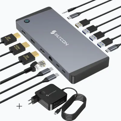 Produktbild von Siltcon® 14-in-1 USB-C Dockingstation mit 100W Adapter – 2x DisplayPort & HDMI 4K 60Hz – RJ45 – 100W PD – Spacegrey