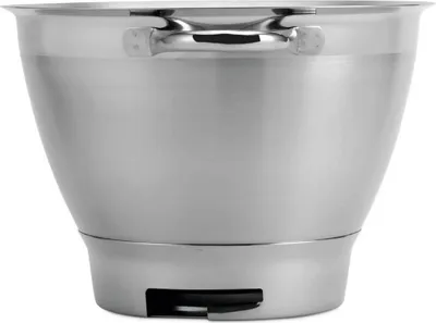 A close-up view of a stainless steel mixing bowl.