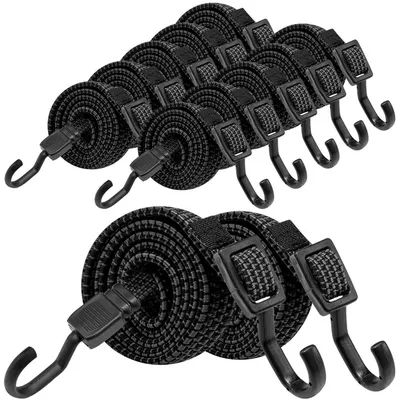 Image de Élastiques avec crochet, 12 pièces, 100 cm, plats, noirs, extra-résistants, réglables