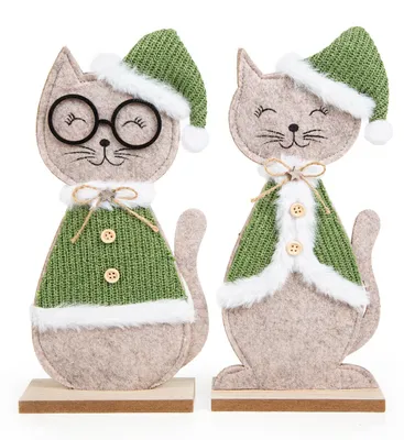 Produktbild von Weihnachtskatzen Set - 2 Katzen Figuren grün grau Dekofiguren 26 cm