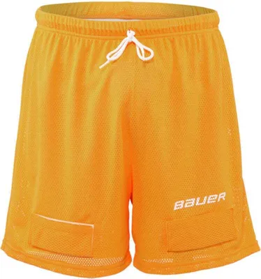 A pair of orange mesh jock shorts with a white drawstring and the Bauer logo on the right leg.